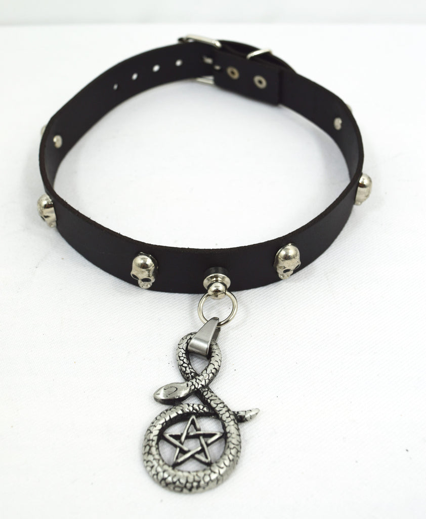 Jewellery Punk Rock Emo Snake and Pentagram Charm Skull Stud Leather Choker Collar Necklace