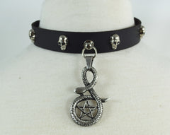 Jewellery Punk Rock Emo Snake and Pentagram Charm Skull Stud Leather Choker Collar Necklace