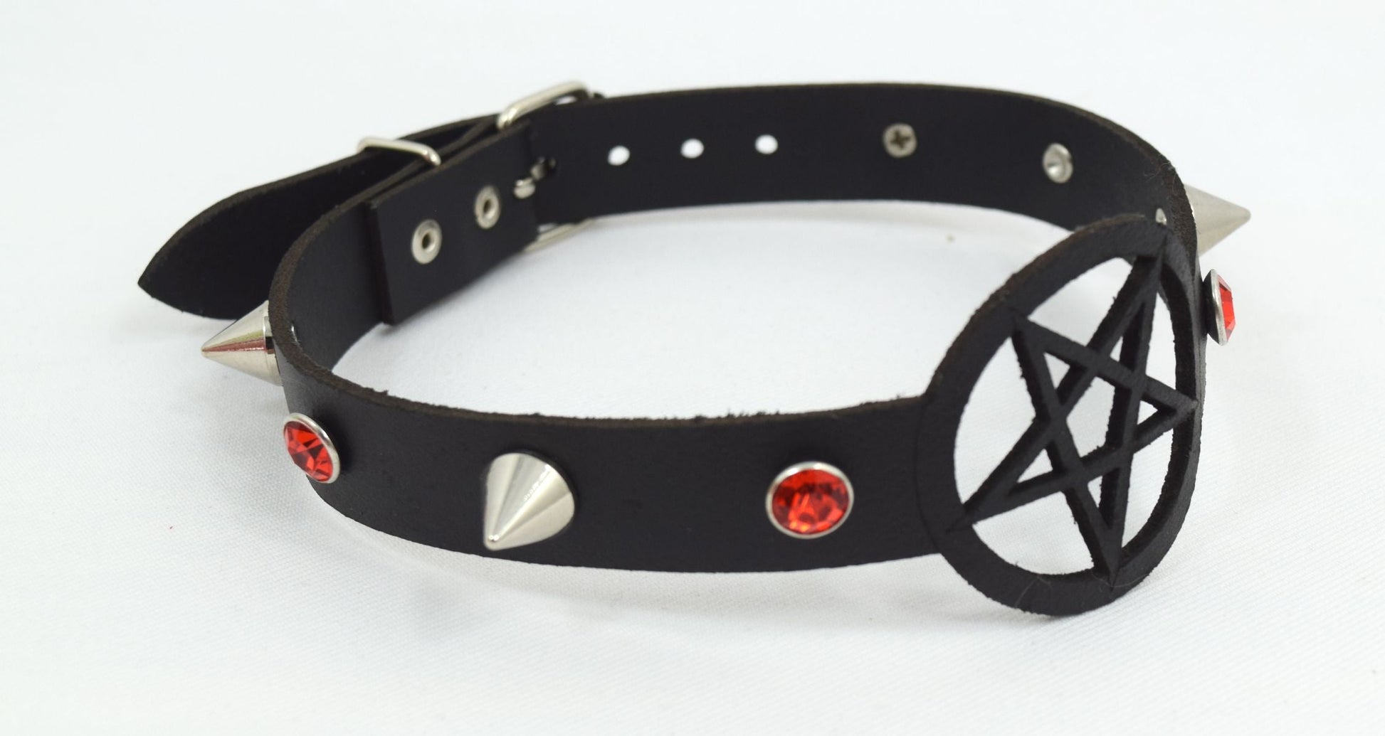 Jewellery Skelapparel Gothic Witch Wicca Black Leather Pentagram Laser Cut Choker with red crystal and Spiked Necklace