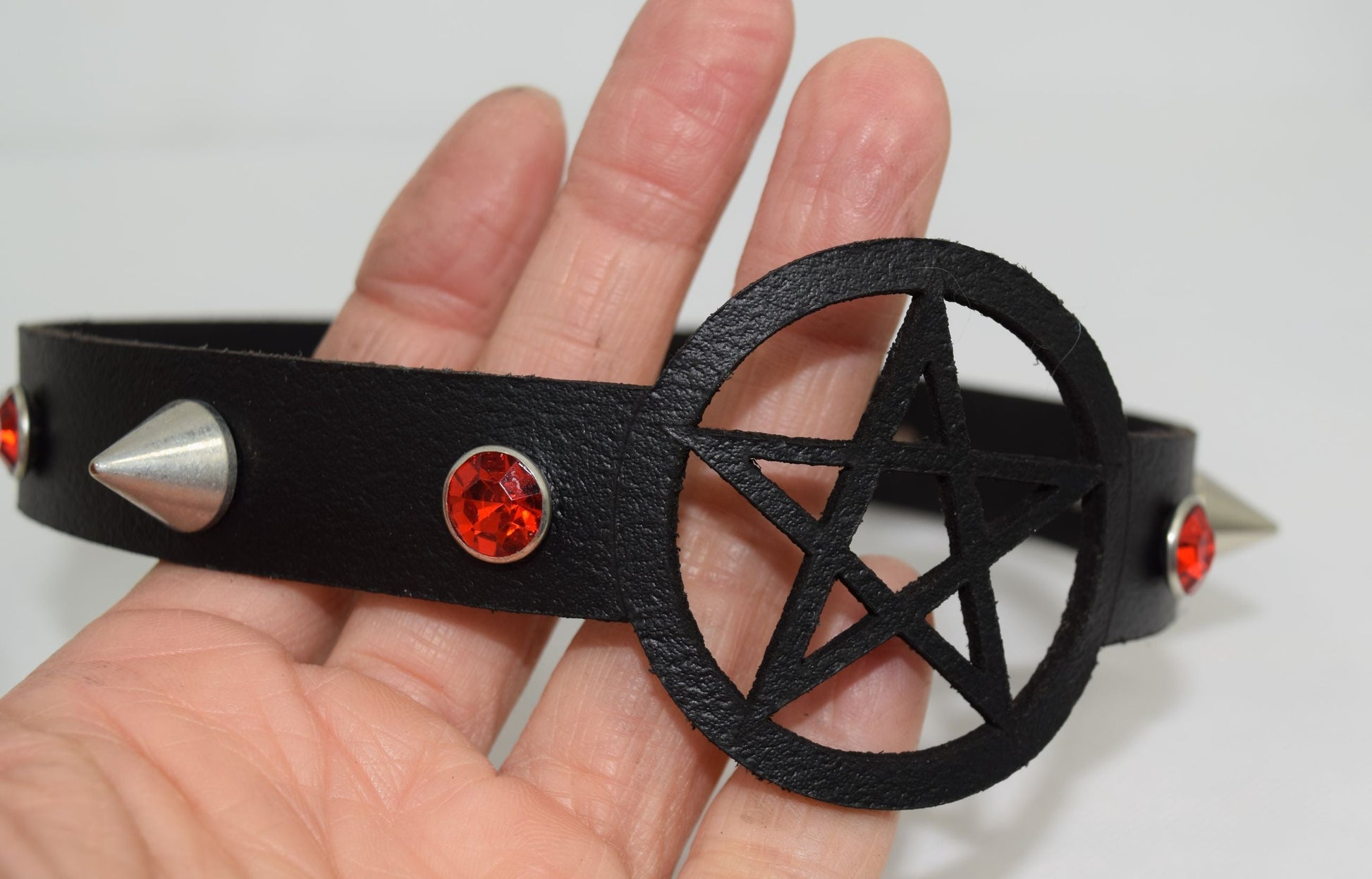 Jewellery Skelapparel Gothic Witch Wicca Black Leather Pentagram Laser Cut Choker with red crystal and Spiked Necklace