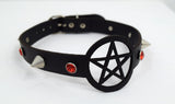 Jewellery Skelapparel Gothic Witch Wicca Black Leather Pentagram Laser Cut Choker with red crystal and Spiked Necklace