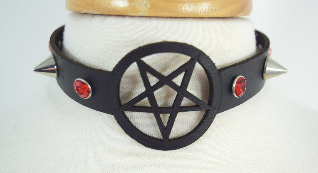 Jewellery Skelapparel Gothic Witch Wicca Black Leather Pentagram Laser Cut Choker with red crystal and Spiked Necklace
