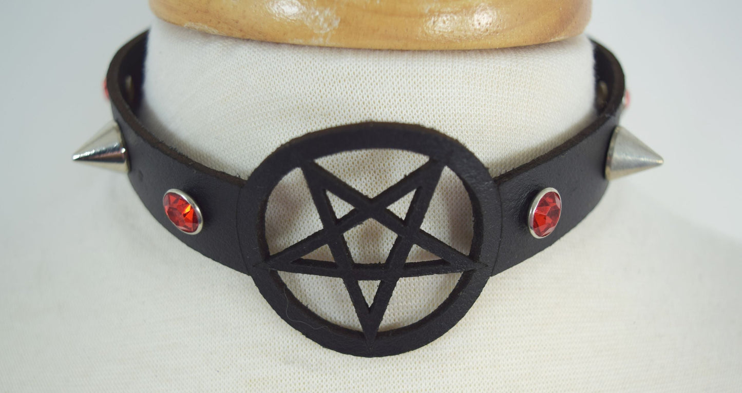 Jewellery Skelapparel Gothic Witch Wicca Black Leather Pentagram Laser Cut Choker with red crystal and Spiked Necklace