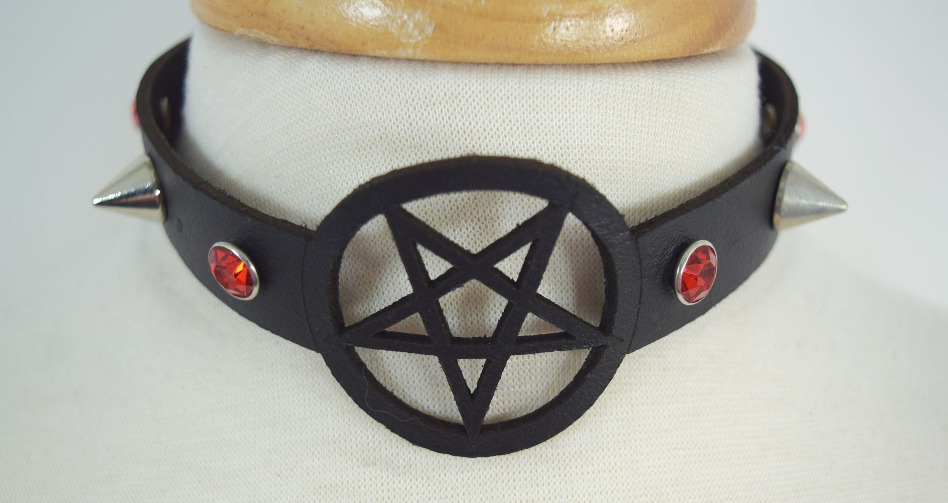 Jewellery Skelapparel Gothic Witch Wicca Black Leather Pentagram Laser Cut Choker with red crystal and Spiked Necklace