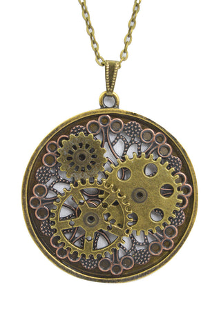 Jewellery Bronze Western Vintage Steampunk Gears with Filigree Round Pendant Necklace