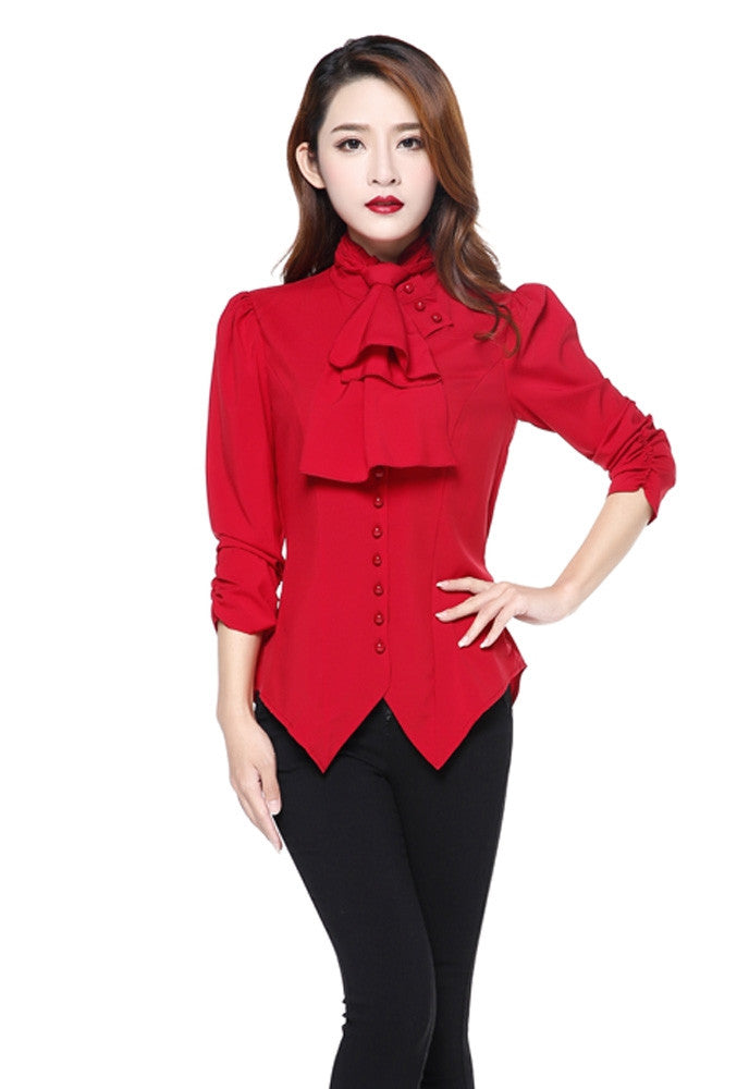 Tops Gothic Victorian Steampunk Red Ruffle Tie Neck Ruched Sleeve Blouse