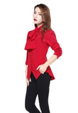 Tops Gothic Victorian Steampunk Red Ruffle Tie Neck Ruched Sleeve Blouse