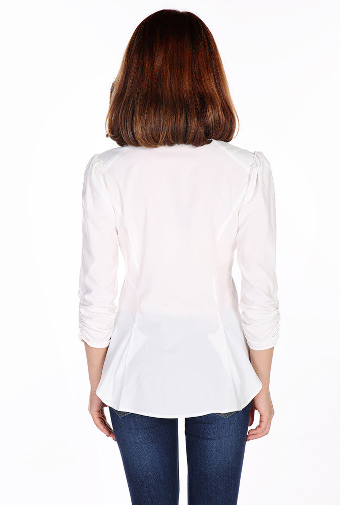 Tops Gothic Victorian Steampunk White Ruffle Tie Neck Ruched Sleeve Blouse