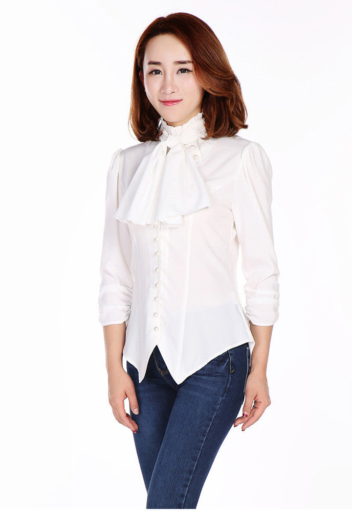 Tops Gothic Victorian Steampunk White Ruffle Tie Neck Ruched Sleeve Blouse