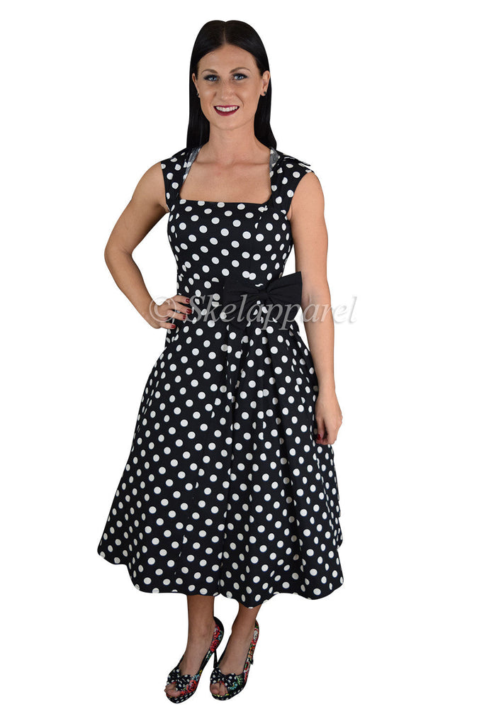 Dresses 8 / Black 60's Vintage Inspired black white Polka Dot print Swing Dress