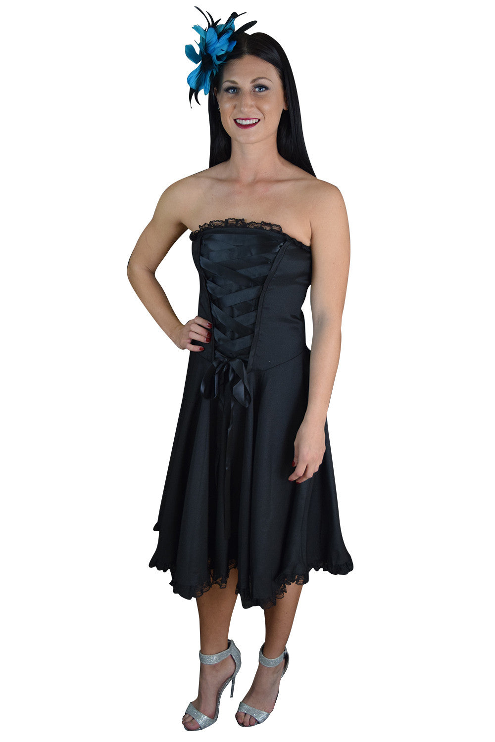 Victorian Style Satin ribbon Strapless Black Satin Corset Lace-up Dress 12 (EU44) / Black