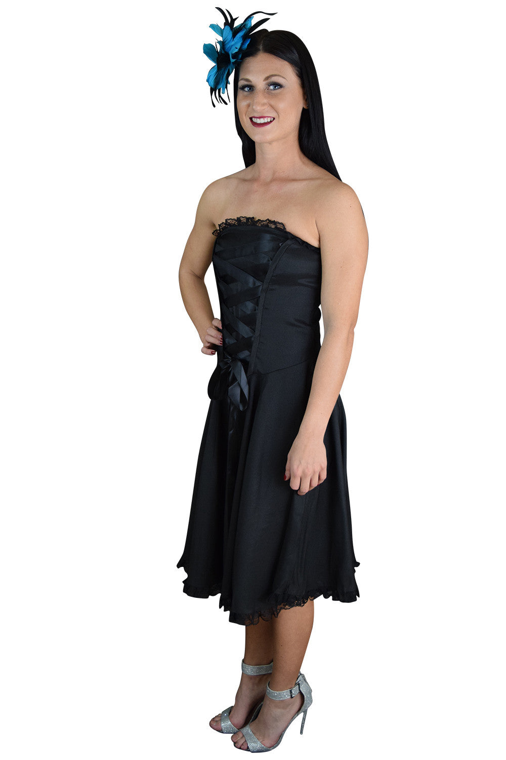 Victorian Style Satin ribbon Strapless Black Satin Corset Lace-up Dress Skelapparel Victorian Style Satin ribbon Strapless Black Satin Corset Lace-up Dress Skelapparel