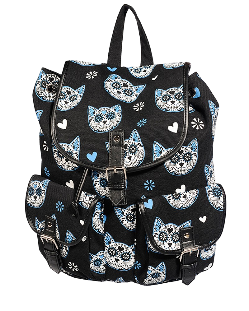 Banned Apparel Black Day of the Dead Sugar skull cat Cotton Canvas Backpack Ruckasack