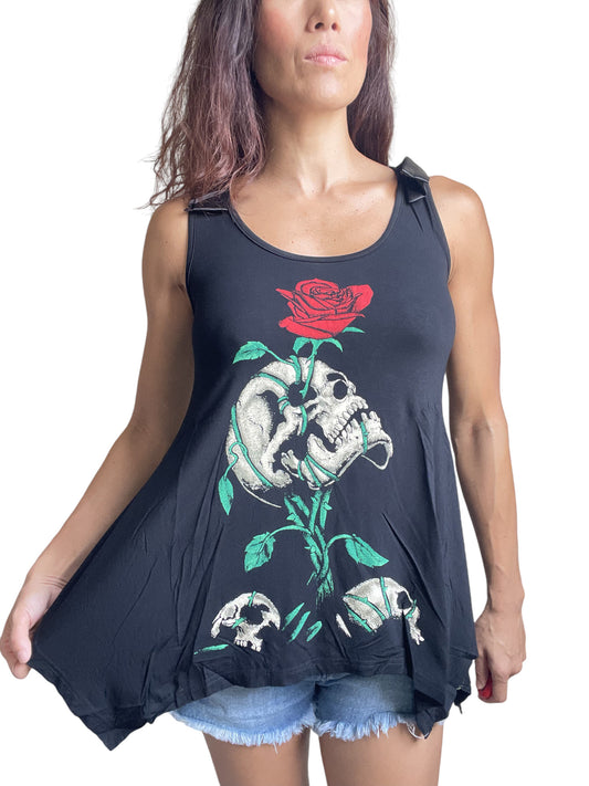 Gothic Skull & Red Rose " Reborn" Black skull Lace Flowy Tank top