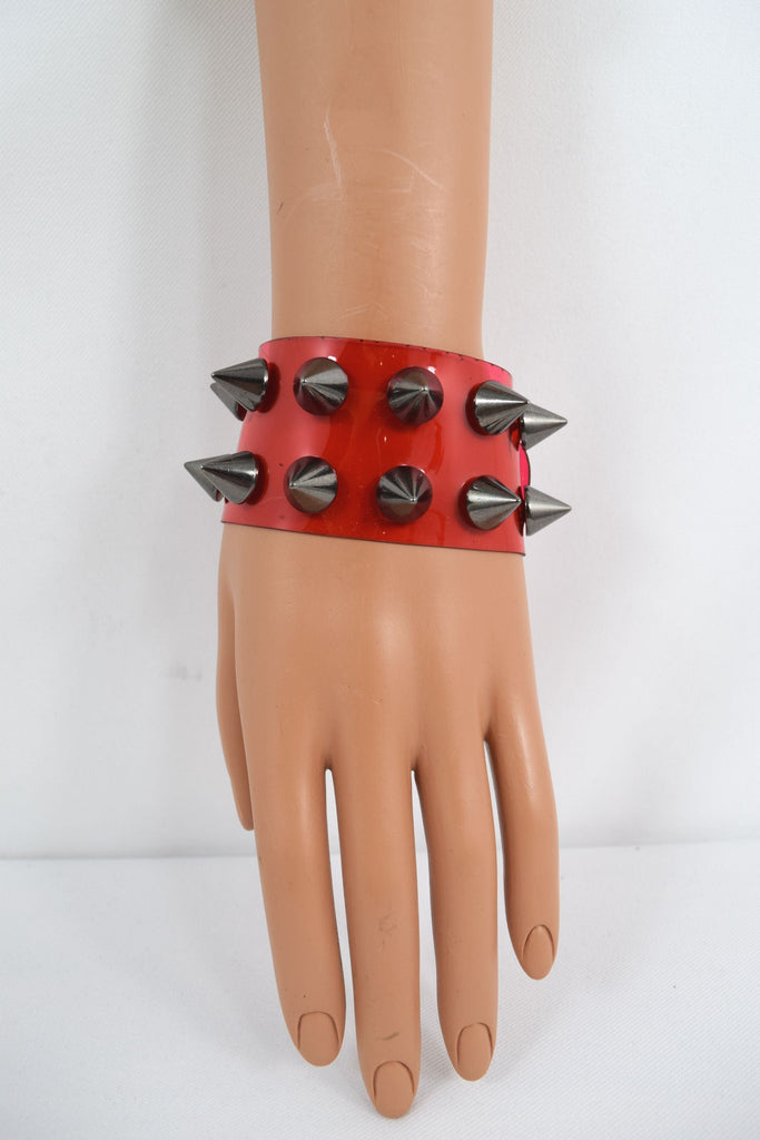 Jewellery Gothic Grunge Punk Rock vinyl Red clear Wide Leather Spiked Bracelet