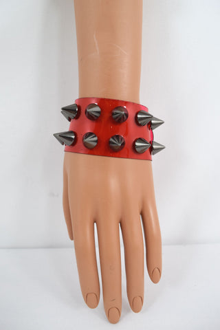 Jewellery Gothic Grunge Punk Rock vinyl Red clear Wide Leather Spiked Bracelet