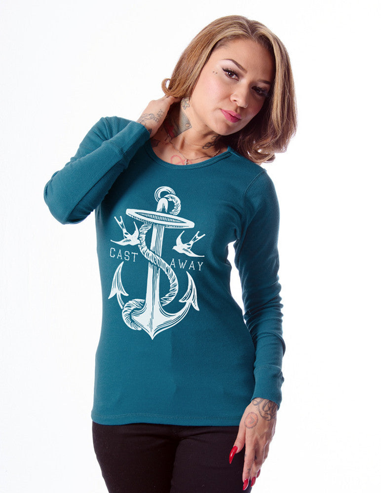 Tops S / Teal Nautical Beach Rope Anchor & Swallow Castaway Thermal Long-Sleeve Top