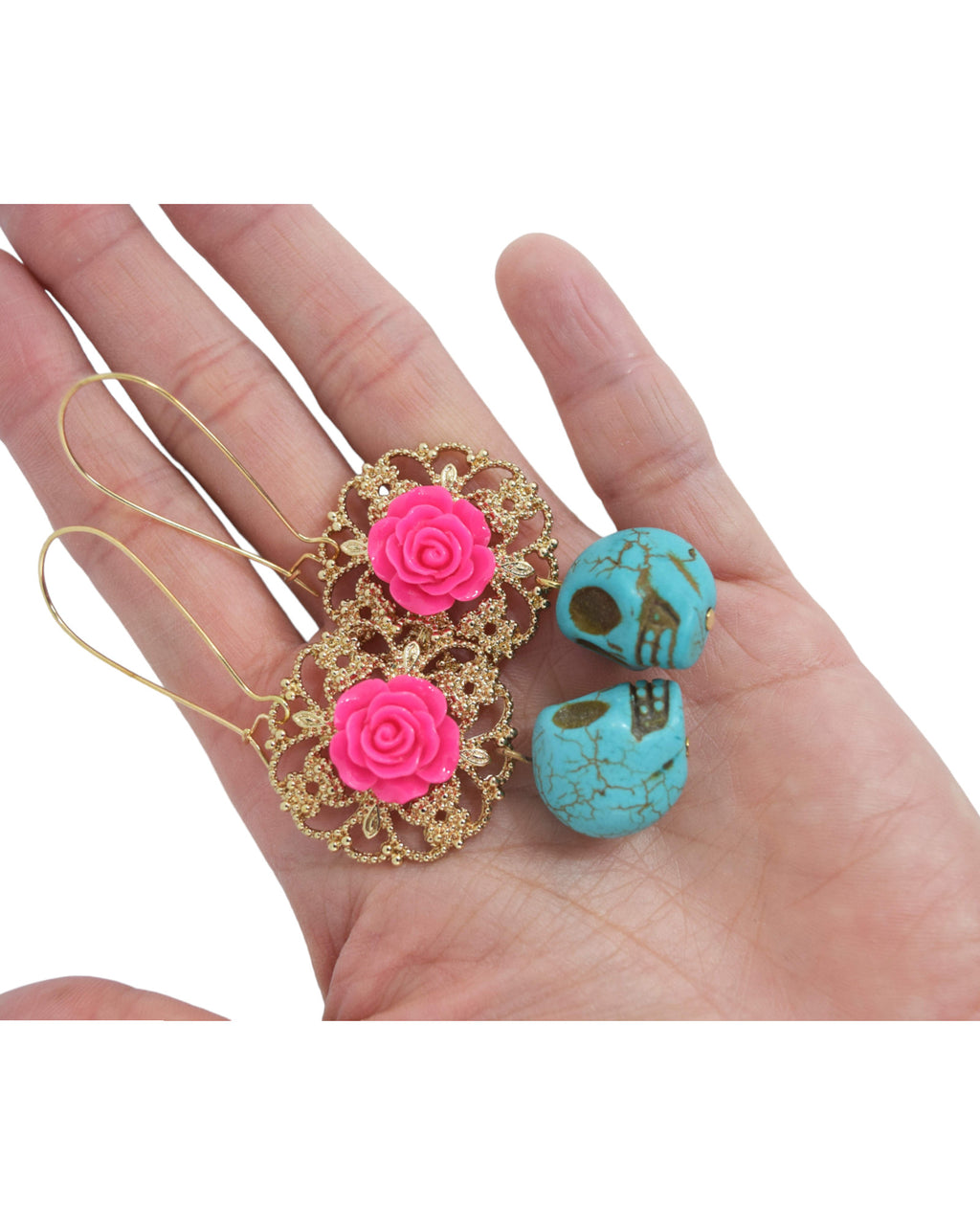 Day Of The Dead Pink Rose and Skull Turquoise Earrings - Skelapparel