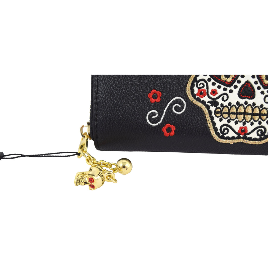 Day of the Dead Flower Sugar Skull Embroidered Zip Around Wallet - Skelapparel