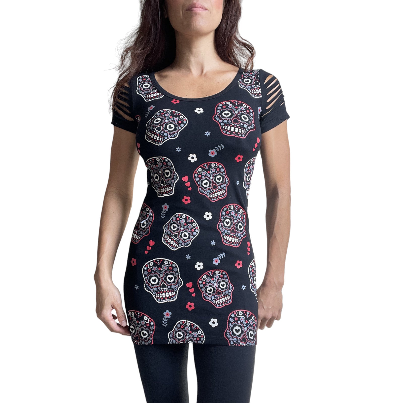 Banned Apparel Day of the Dead Flower Sugar Skull Allover Cut Out Shoulder Top - Skelapparel