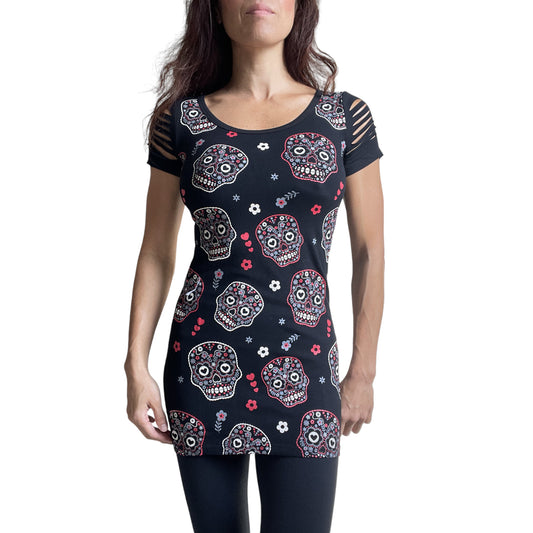 Banned Apparel Day of the Dead Flower Sugar Skull Allover Cut Out Shoulder Top - Skelapparel