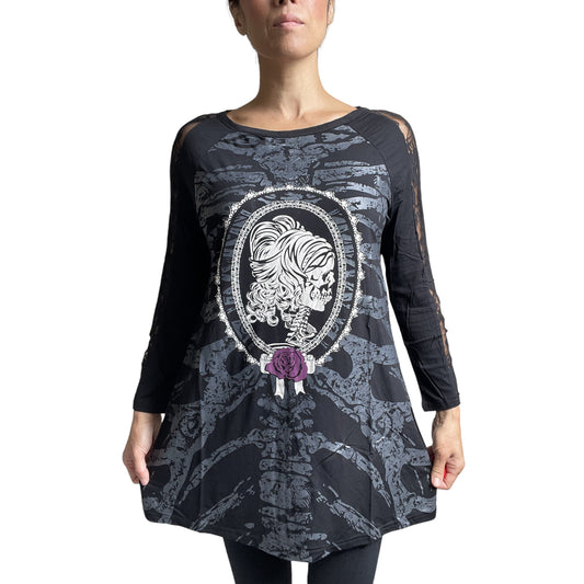 Lost Queen Gothic Skeleton Ribcage with Skull Lady Print Flared Long Sleeve Top - Skelapparel