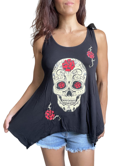 Sugar Skull and roses Black skull Lace Flowy Tank top - Skelapparel