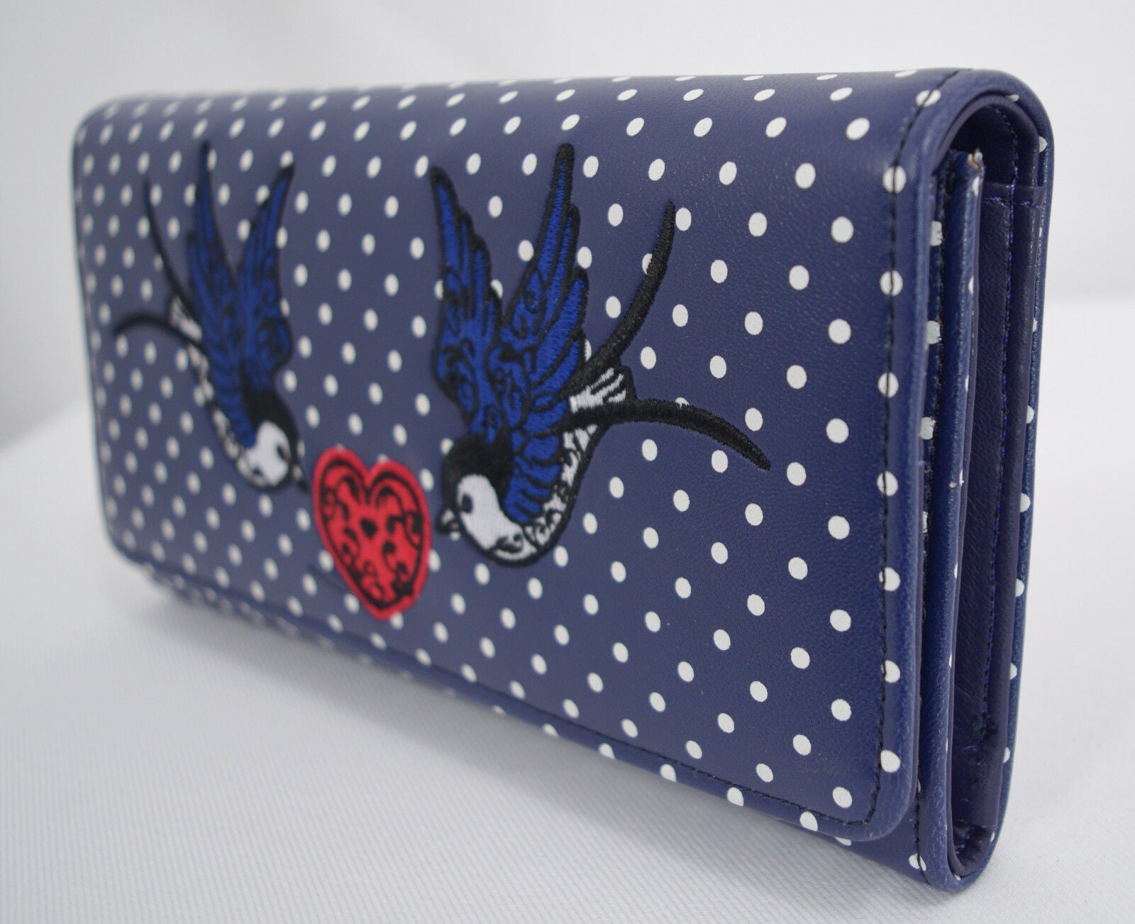 Lost Queen Swallow Bird Tattoo & Heart Polka Dot embroidery Bi-fold Wallet - Skelapparel
