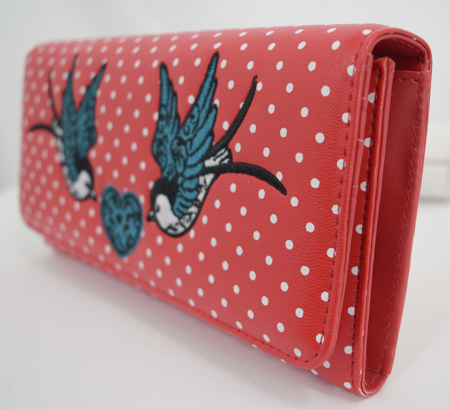 Lost Queen Swallow Bird Tattoo & Heart Polka Dot embroidery Bi-fold Wallet - Skelapparel