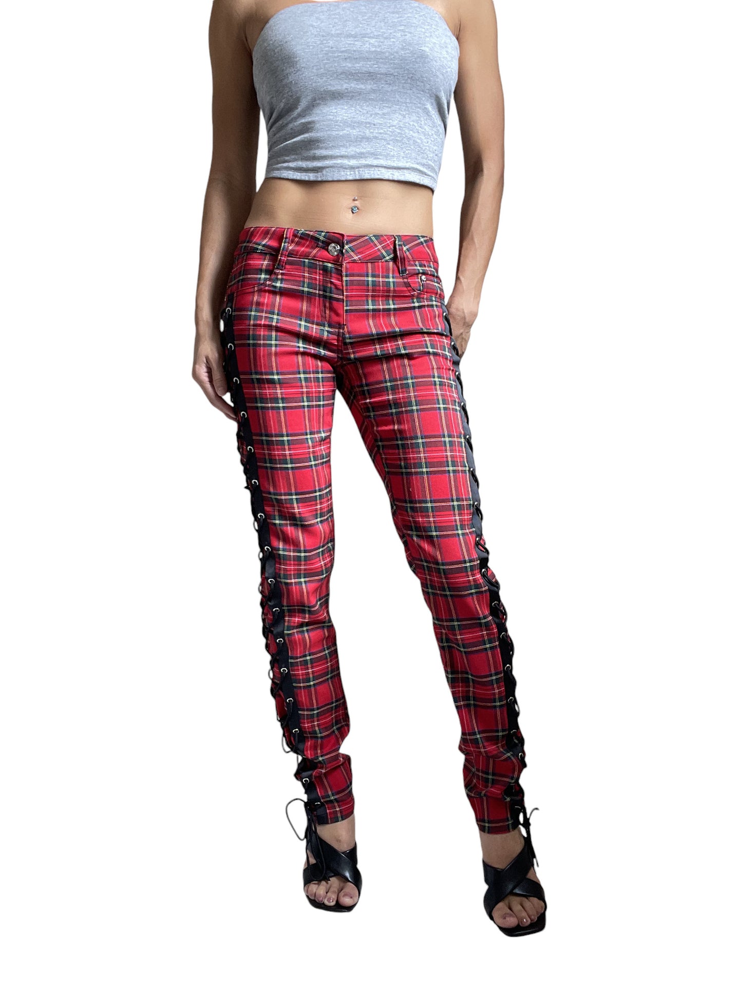 Banned Apparel Women’s Red Tartan Plaid Side Lace-up Skinny Jeans – Corset Style Alternative Fashion Pants
