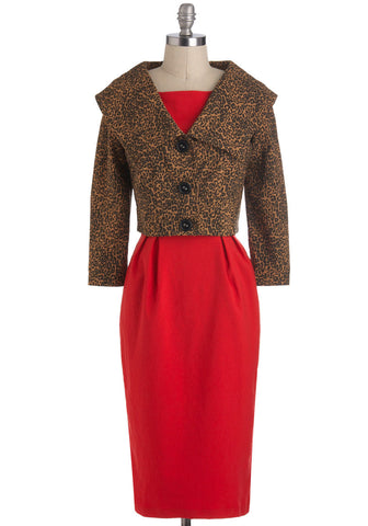 Dresses Vintage Vixen Pinup Red Pencil Dress with Leopard Jacket