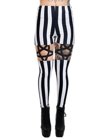 Bottoms Goth Night circus Inverted Pentagram Harness Garter strap High Waist Black & White Stripe Leggings