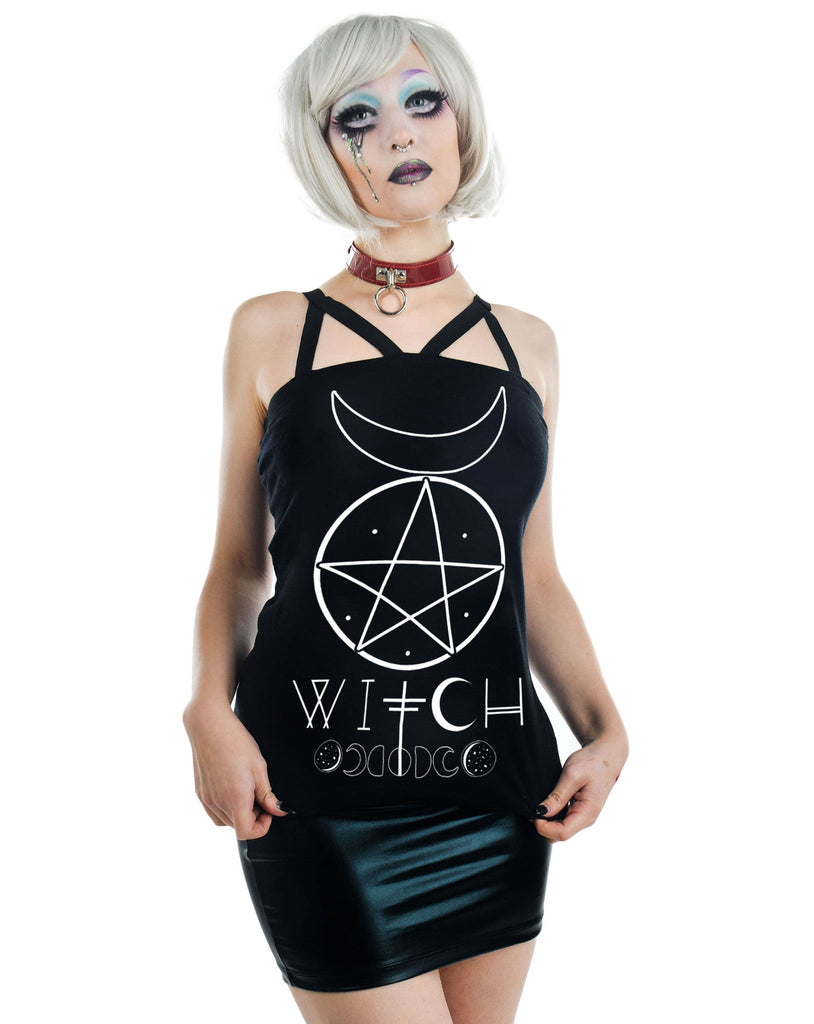 Pentagram and Moons Witch Moon Phases Black Strappy Tank Top – Skelapparel