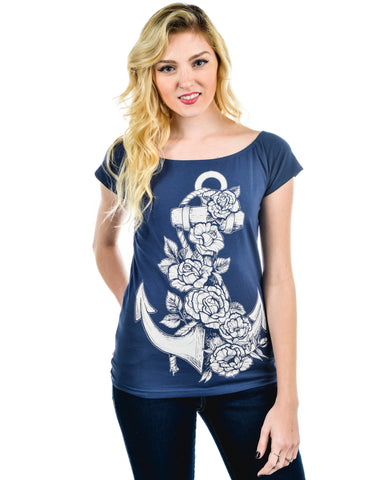 Tops S Rockabilly Pinup Anchor and Rose Blue Cup Out Heart Boat Neck Top