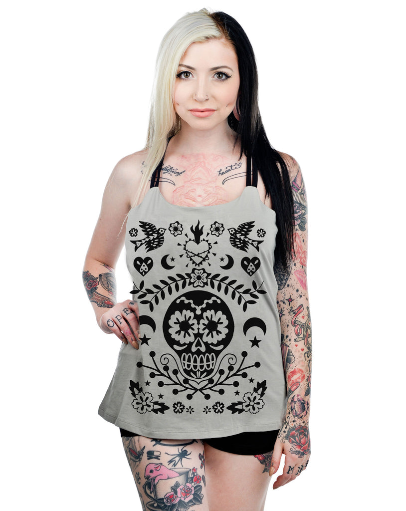 Tops Too Fast Day Of The Dead Mexican Sugar Skull Tattoo Art Criss Cross Back Top