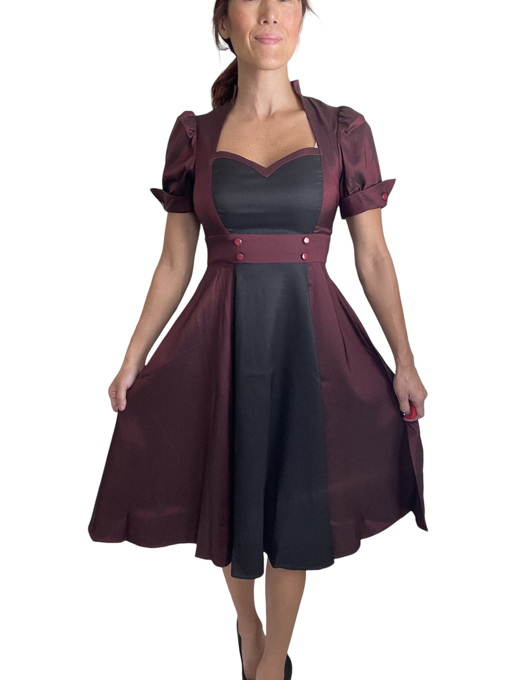 Vintage inspired Queen of Hearts Two Tone Burgundy and Black Satin Dress - Skelapparel