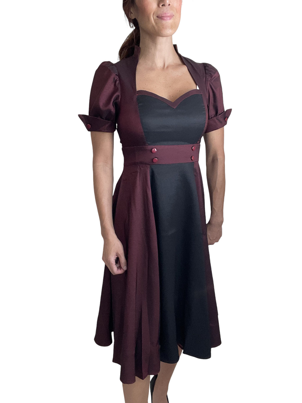 Vintage inspired Queen of Hearts Two Tone Burgundy and Black Satin Dress - Skelapparel