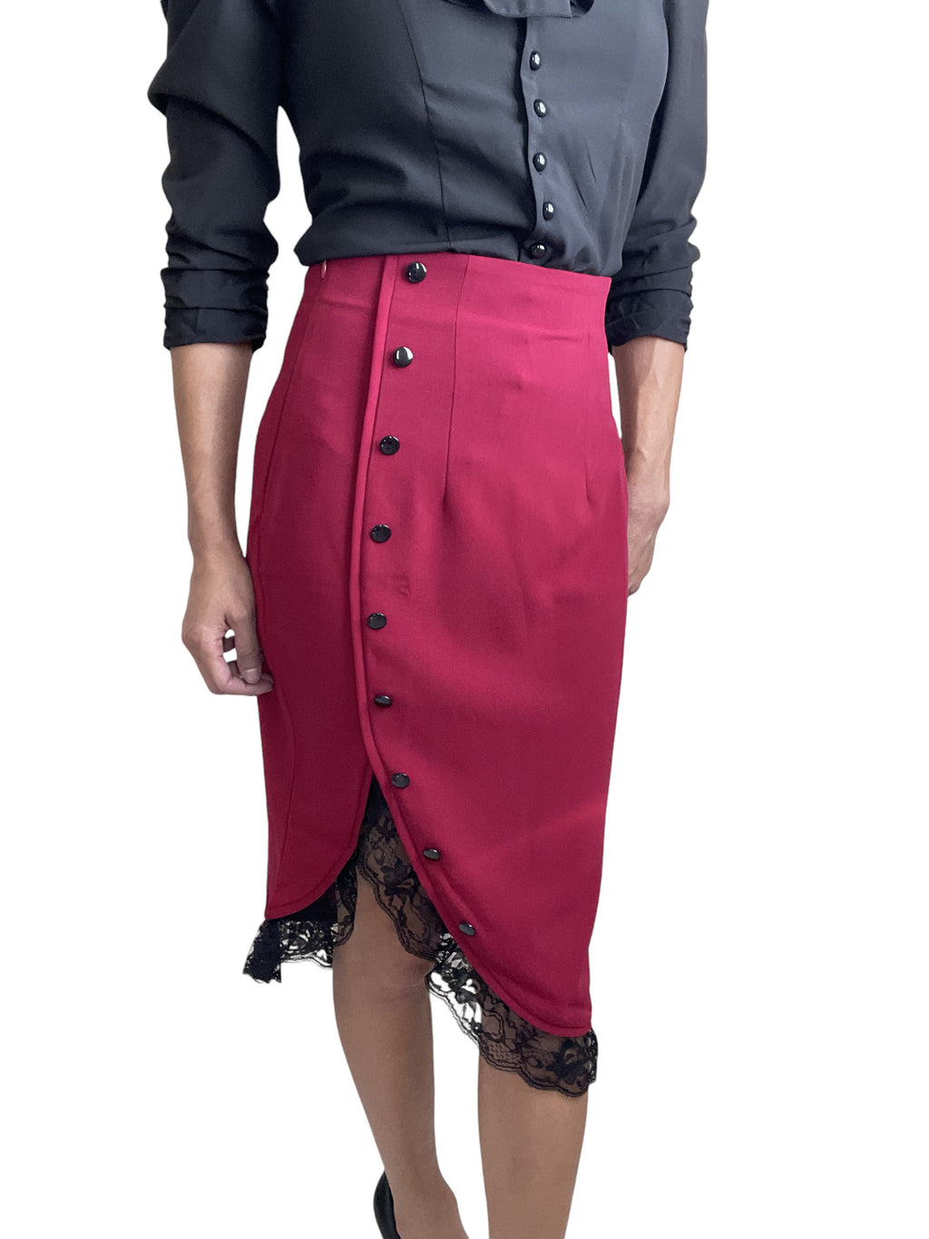 Women's 60's Red Vintage Lace Trim office Work high waisted Pencil Skirt - Skelapparel