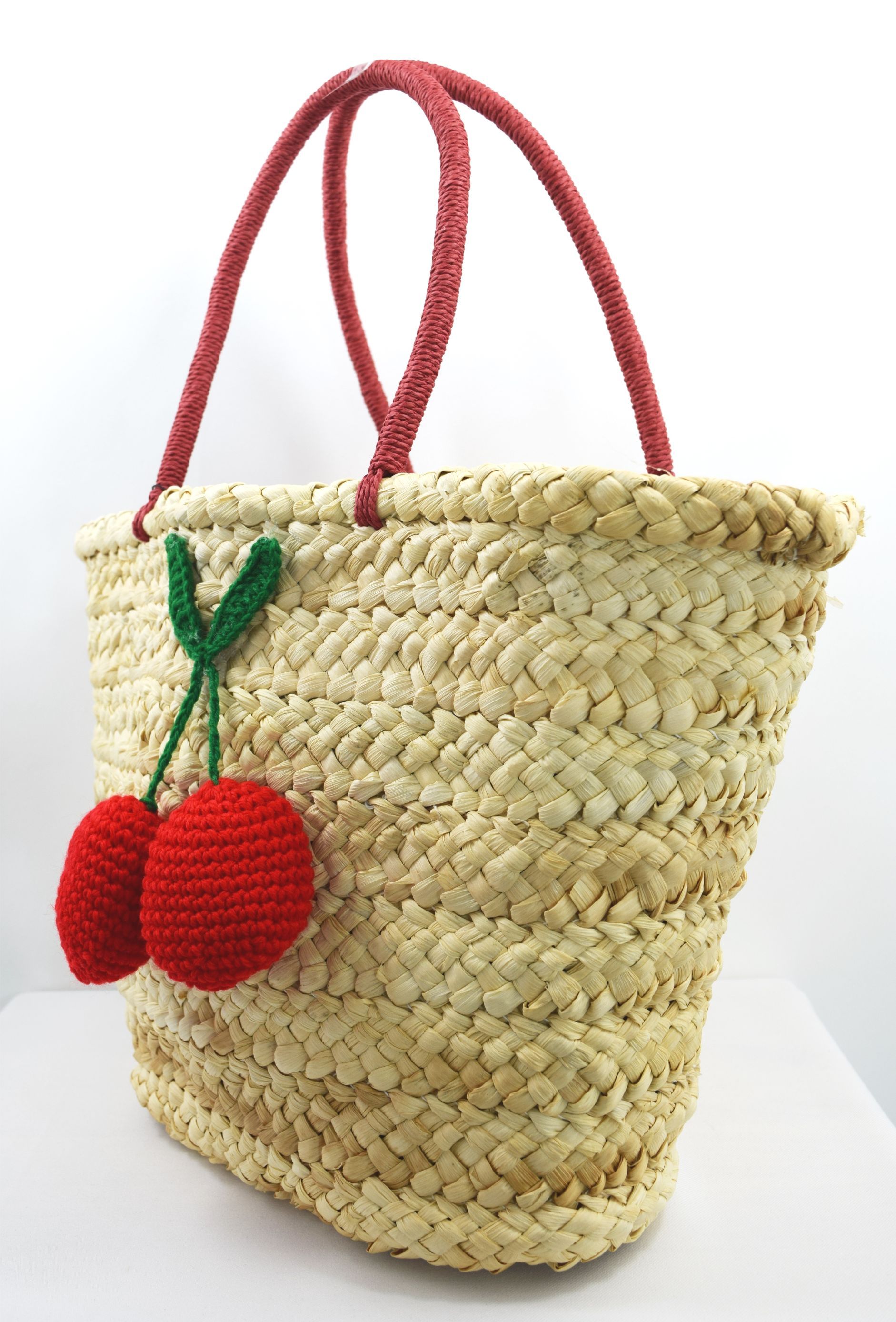 Accessories 60's Vintage Inspired Natural Straw Cherry Pom Pom Tote Bag