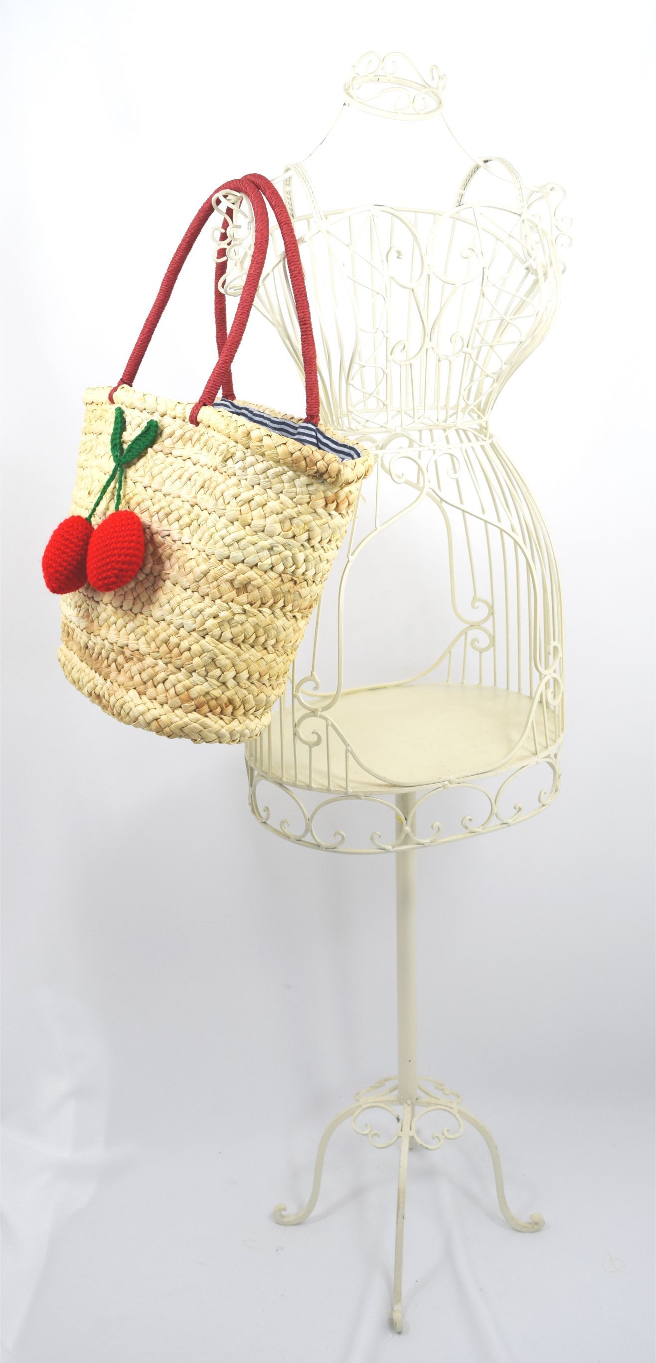 Accessories 60's Vintage Inspired Natural Straw Cherry Pom Pom Tote Bag