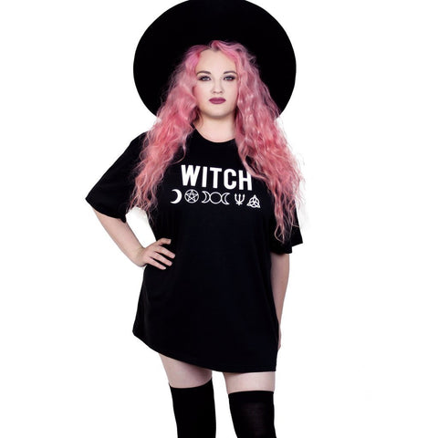 Tops Witch Wicca Symbols Black Oversized Tee